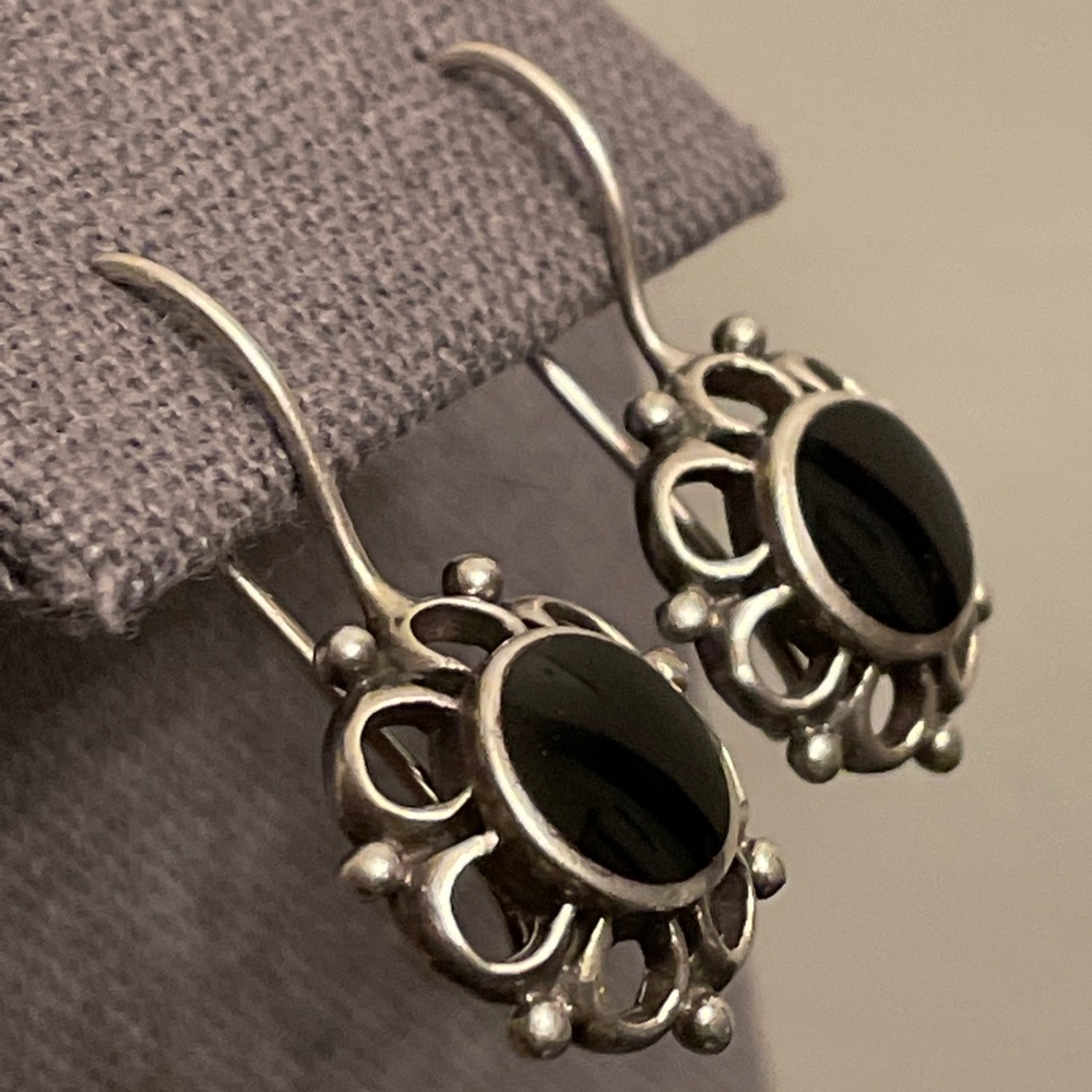 Black Jade Flower Dangle Earrings from Guatemala